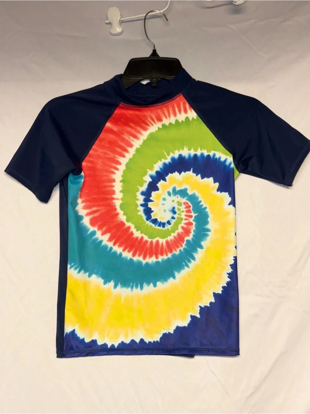 Lands' End Navy Blue Swim Top with Red and Green Tie-Dye Accents
